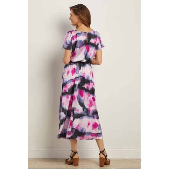 Soft Surroundings Dress Womens 2X Plus Maxi Short Sleeve Boho Abstract Cruise + - Picture 2 of 12